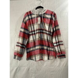 Exclusive Plaid Hooded Shirt Women Large Red White New Checkered Button Up Hoody
